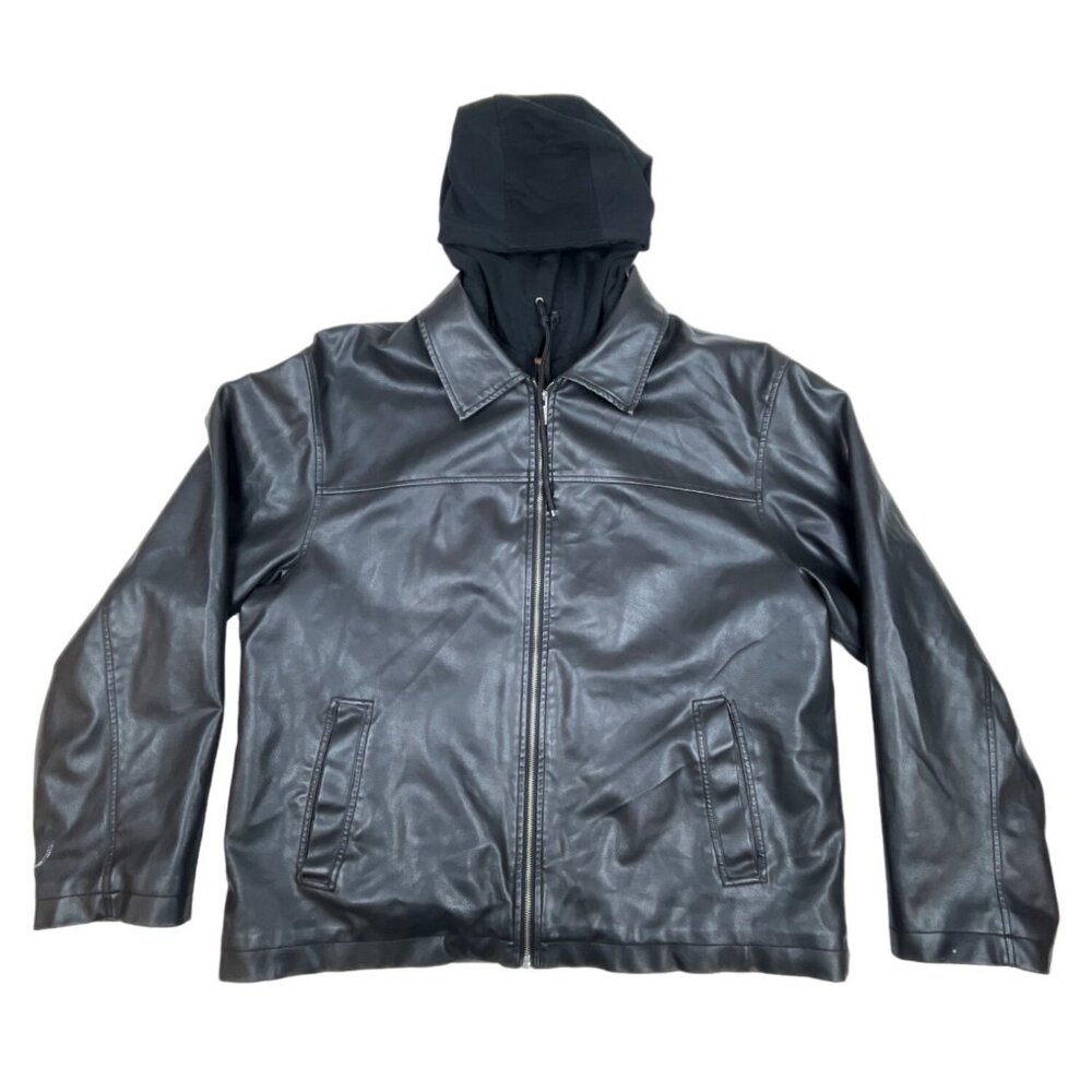 Lee Dungarees Black Faux Leather Inner pockets Hooded Mens Jacket  Sz - L